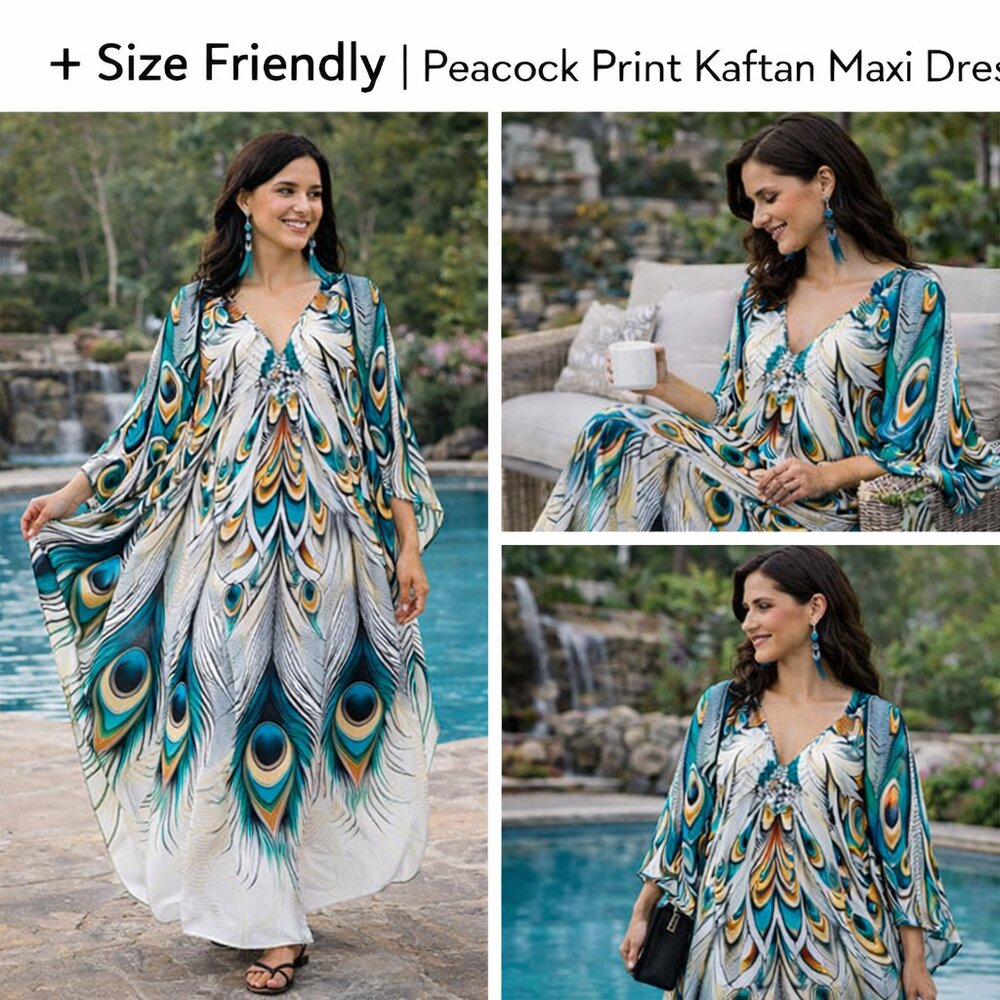 Peacock Feather Print Kaftan Maxi Dress | One Size | Flowy Resort & Lounge